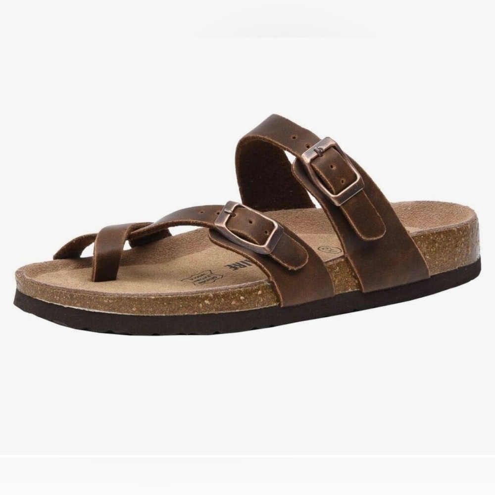 Cushionaire Luna cork footbed sandal with +comfort. Brown, adjustable straps. 7W